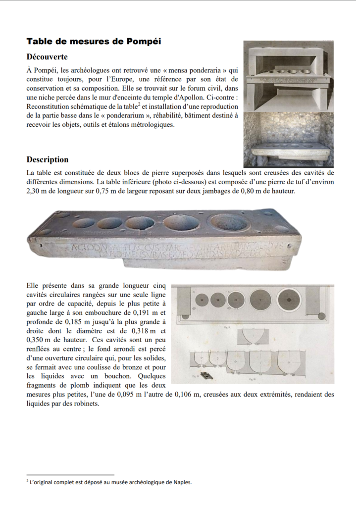 Des poids de Gandolfi aux Tables de mesures de Pompéi